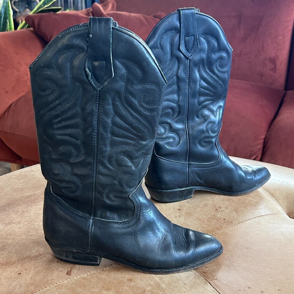 Vintage Black Leather Cowboy Boots Western Embroidered Cowgirl Mexico Womens 7
